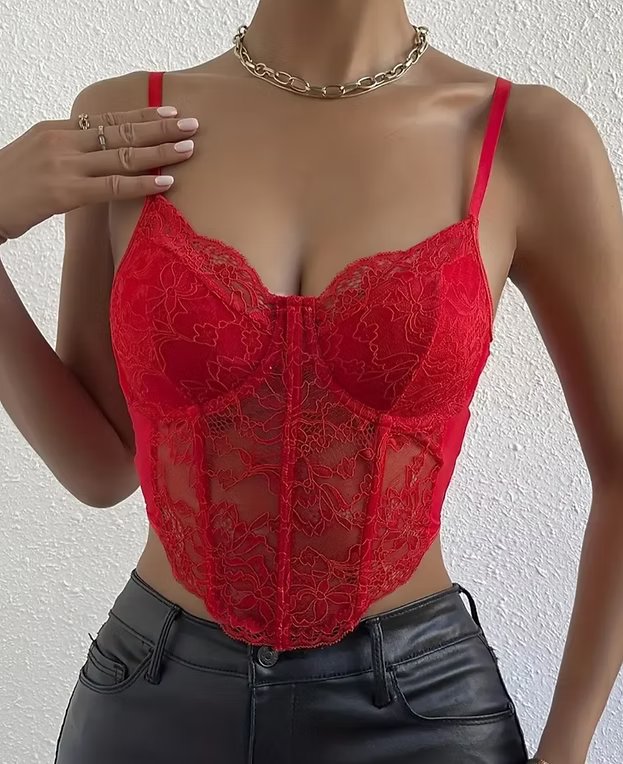 Sexy Lace Corset Crop Top with Diamond Fishbone Detail - Backless, Sheer Floral