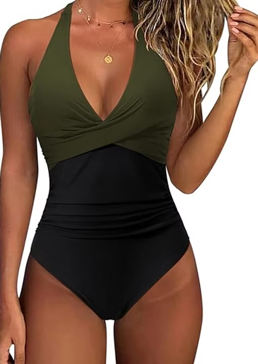 RXRXCOCO Women Cross Push Up Tummy Control One Piece Halter High Waisted Swimmin