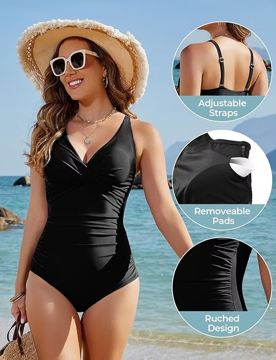 Swimwear V Neck Ruched Swimming Costume Women Retro Swimsuit