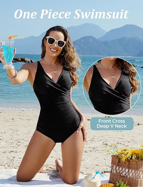 Swimwear V Neck Ruched Swimming Costume Women Retro Swimsuit