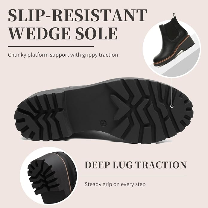 Womens Chelsea Wedge Boots Elastic Platform Slip on Waterproof Ankle Booties