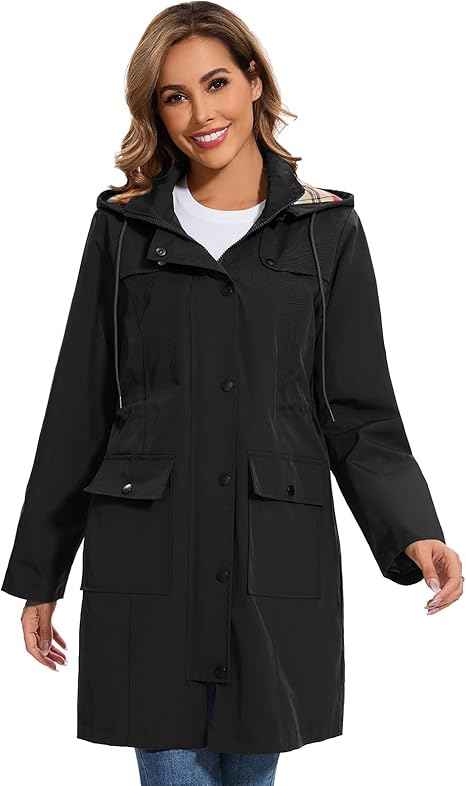 Tuopuda Womens Waterproof Jacket Long Raincoat with Hood for Hiking Travel | Mid-Length Coverage, Removable Hood, Adjustable Waist Drawcords, Zipper, Flap Pockets for Rainy Walks Daily Commutes Outdoor