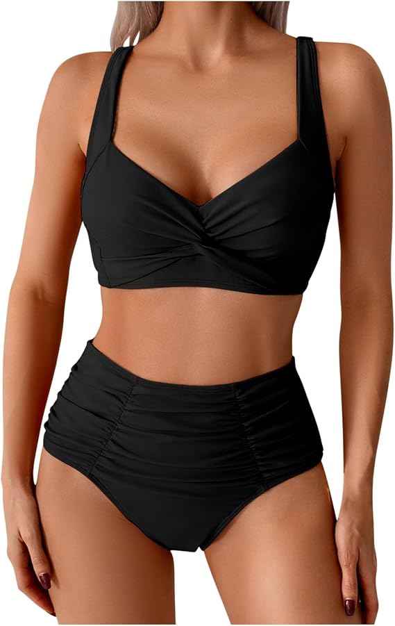Nadeer High Waisted Bikini Set Twist Front V Neck Tummy Control for Women