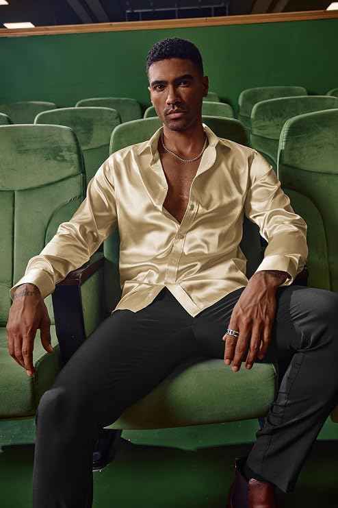 PJ PAUL JONES Mens Shirts Long Sleeve Smart Casual Shirt Satin Shirt Dress Shirt Silk Shirts for Men L Gold | Matching Bow Tie | Imitation Silk | Shine | Dinner and Party