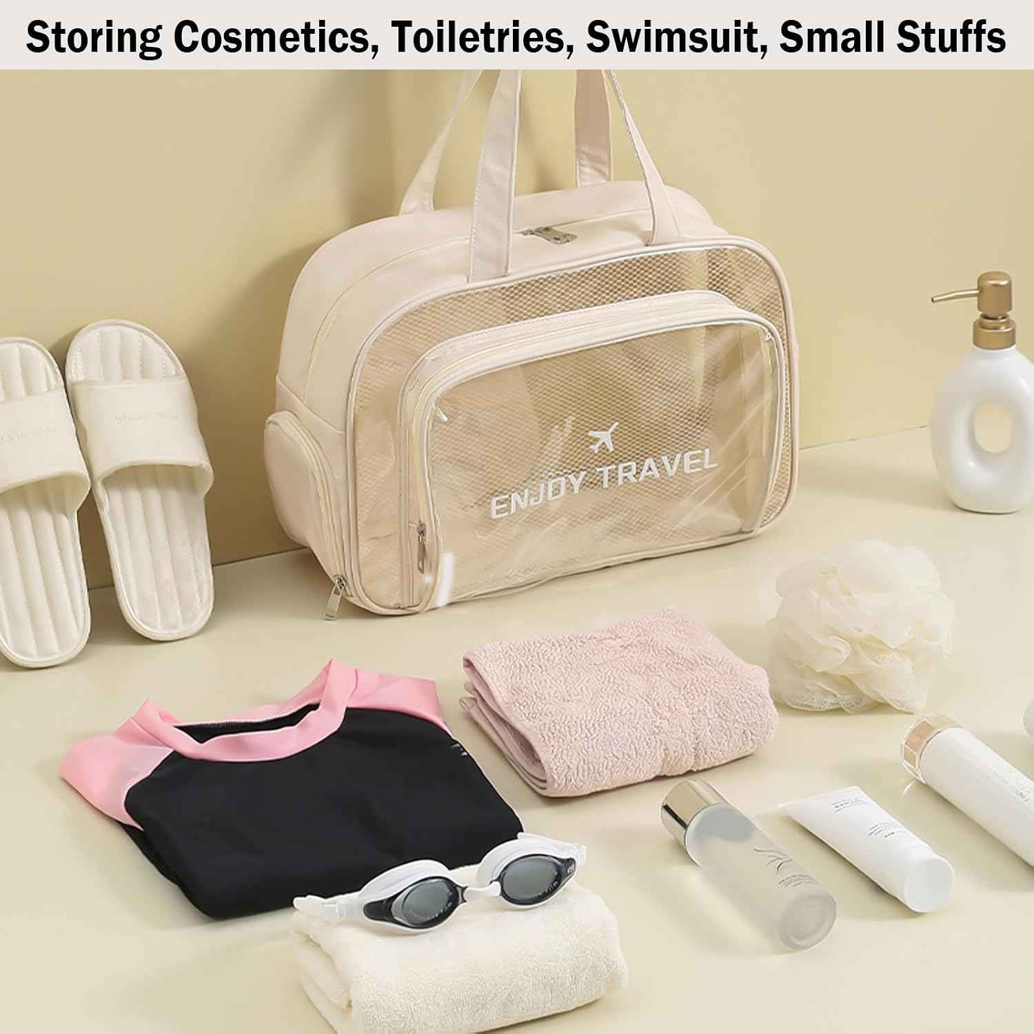 Large Clear Toiletry Bag with Shoe Compartment, Multi-Functional PVC Travel Tote, Durable and Versatile Organizer for Travel, Gym, Pool, and More, Beige, Fashionable
