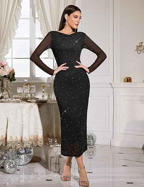 Long Sleeve Glitter Dress for Women Sexy Ruched Elegant Cocktail Party Maxi Dress