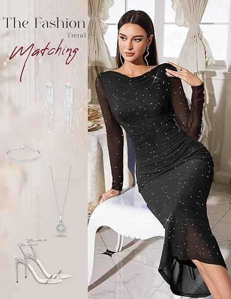 Long Sleeve Glitter Dress for Women Sexy Ruched Elegant Cocktail Party Maxi Dress