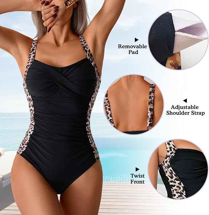 Womens Swimming Costumes Tummy Control Bathing Suit One Piece Retro Ruched Swimwear with Detachable Breast Pads for Beach Vacation Pool Party