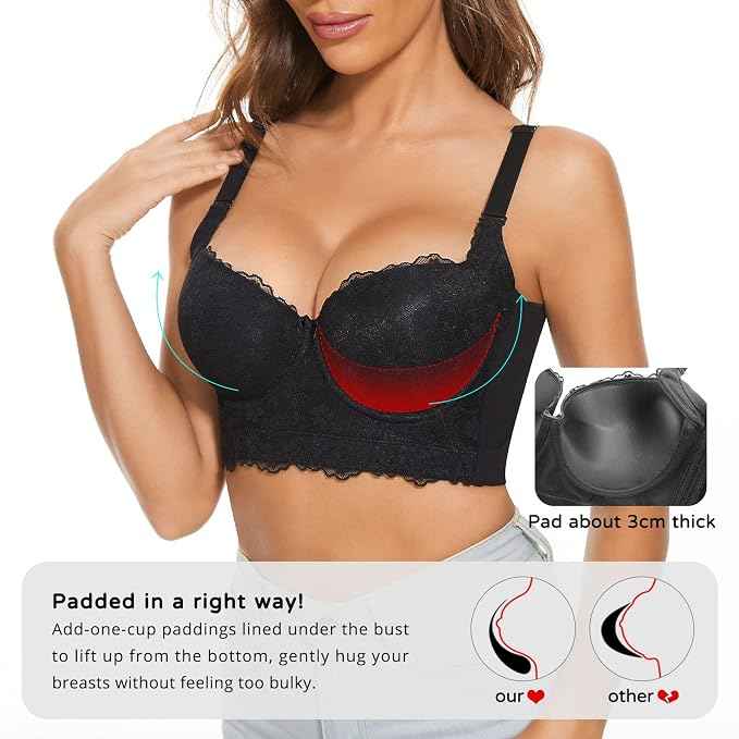 Push Up Bras for Women Lace Plus Size Wide Back Underwire Longline Corset Bra