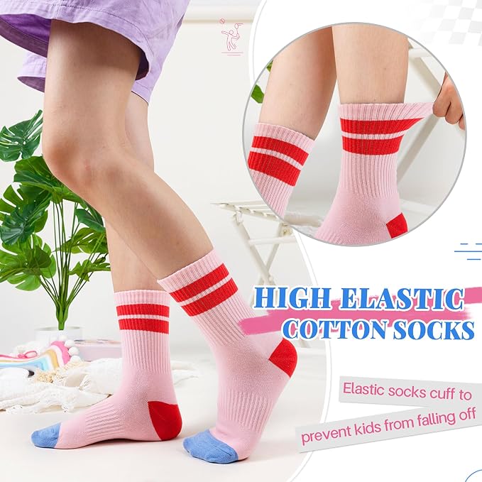 Girls Socks Kids Athletic Crew Sport Cotton Trainer Breathable Calf Softs Socks 6 Pairs