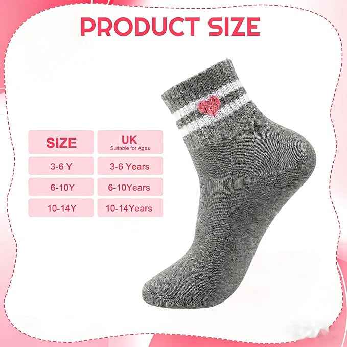 8 Pairs Striped Flowers Heart Cotton Girls Crew Socks | 80% Cotton, Soft Stretch Rib Cuff, for 3-14 Years Old, School Casual Daily Wear