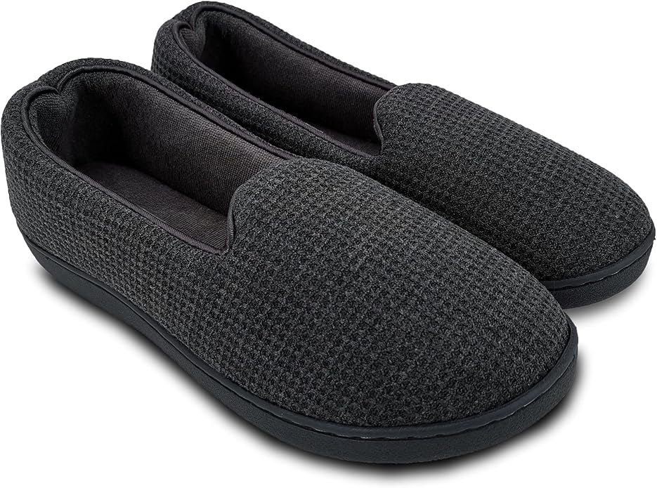 ofoot Womens Comfortable Memory Foam House Slippers Indoor Flat Shoes With Back Knit Waffle Cotton Terry Cloth Lining Non Slip Soles
