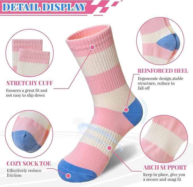 Girls Socks Kids Athletic Crew Sport Cotton Trainer Breathable Calf Softs Socks 6 Pairs