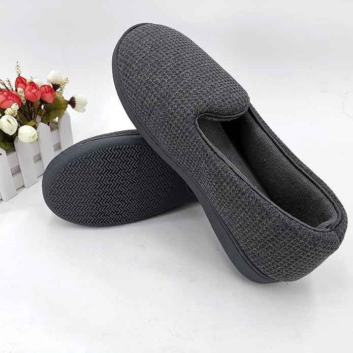 ofoot Womens Comfortable Memory Foam House Slippers Indoor Flat Shoes With Back Knit Waffle Cotton Terry Cloth Lining Non Slip Soles