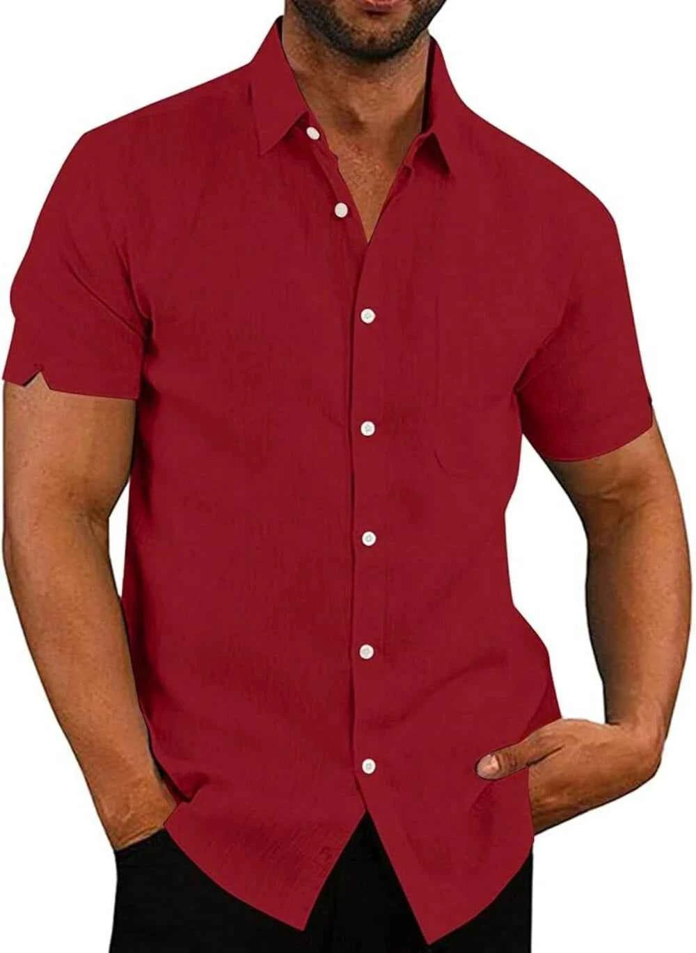 VANVENE Mens Linen Shirts Cotton Short Sleeved Shirts Regular Fit Casual Summer