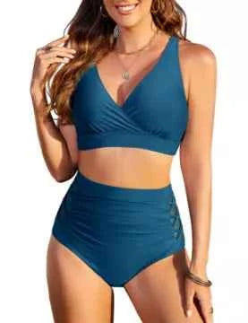 Nadeer High Waisted Bikini Set Twist Front V Neck Tummy Control for Women