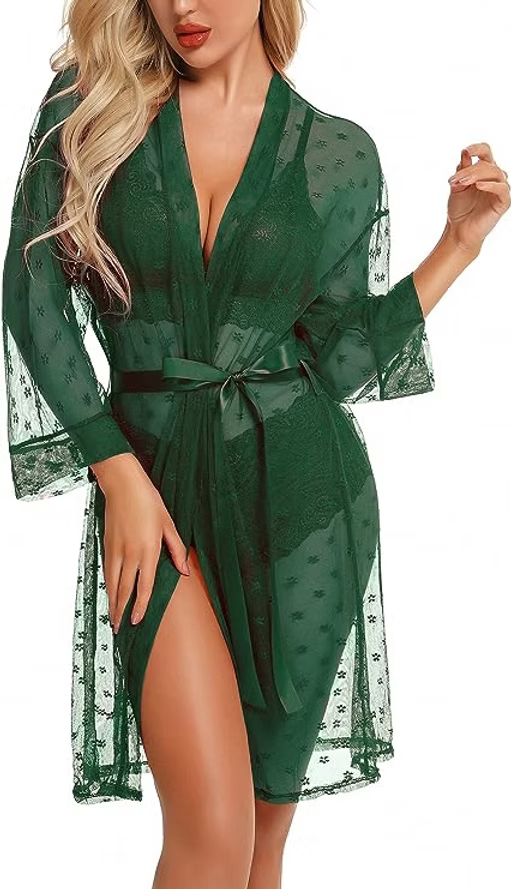 Sexy Lingerie for Women Lace Lingerie Set with Mesh Robe 3 Piece Set Sleepwear