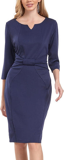 MINTLIMIT Women Sheath Dress Notch V Neck 3/4 Sleeve Bow Waist Wear to Work Penc