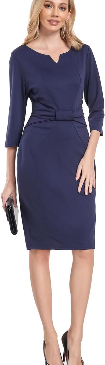 MINTLIMIT Women Sheath Dress Notch V Neck 3/4 Sleeve Bow Waist Wear to Work Penc
