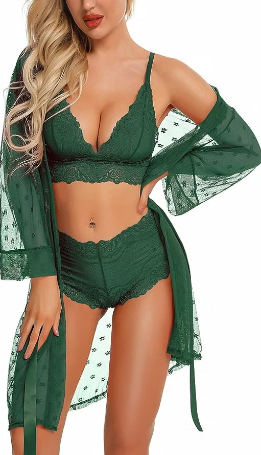 Sexy Lingerie for Women Lace Lingerie Set with Mesh Robe 3 Piece Set Sleepwear
