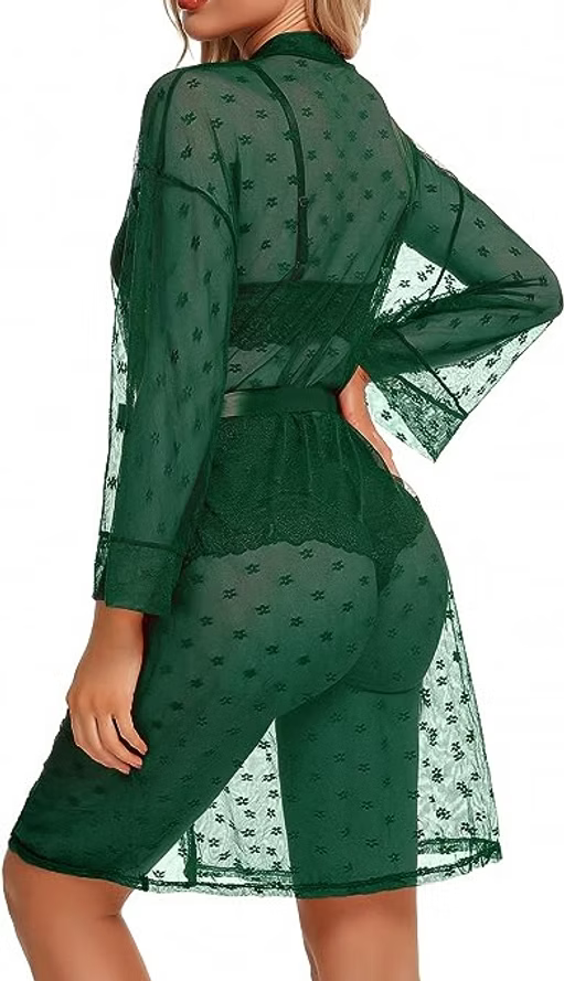 Sexy Lingerie for Women Lace Lingerie Set with Mesh Robe 3 Piece Set Sleepwear