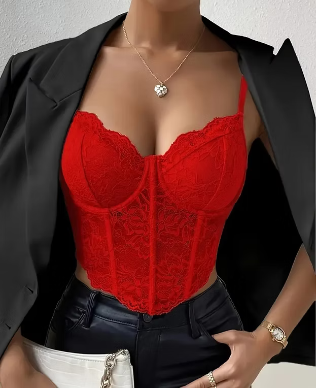 Sexy Lace Corset Crop Top with Diamond Fishbone Detail - Backless, Sheer Floral