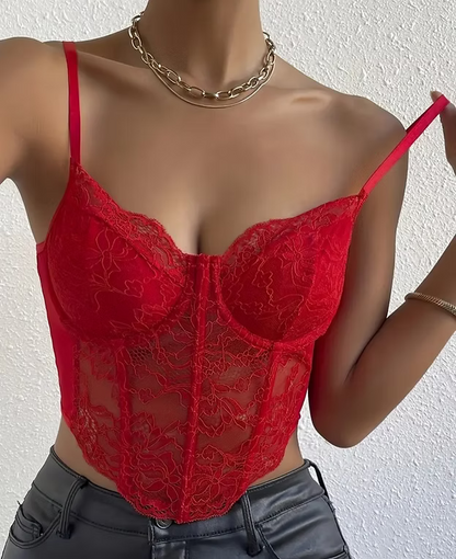 Sexy Lace Corset Crop Top with Diamond Fishbone Detail - Backless, Sheer Floral