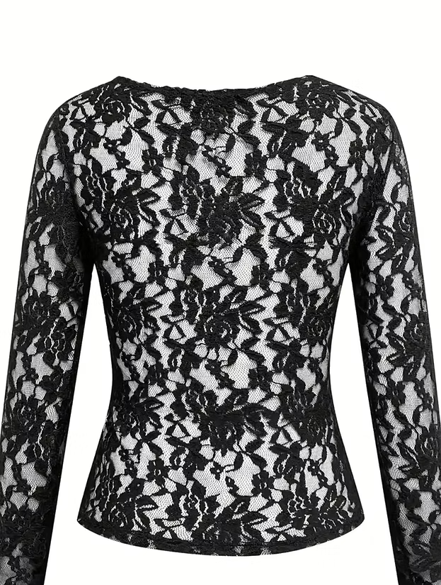 Sheer Lace V Neck T-Shirt, Stylish Long Sleeve Slim Top