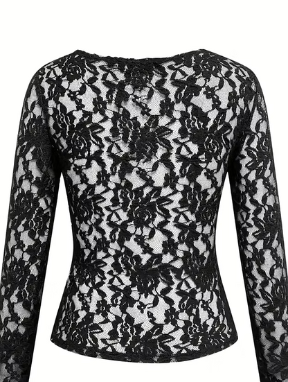 Sheer Lace V Neck T-Shirt, Stylish Long Sleeve Slim Top