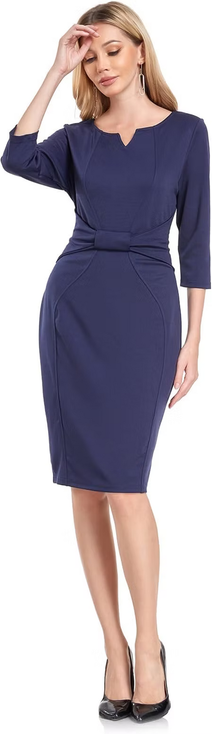 MINTLIMIT Women Sheath Dress Notch V Neck 3/4 Sleeve Bow Waist Wear to Work Penc
