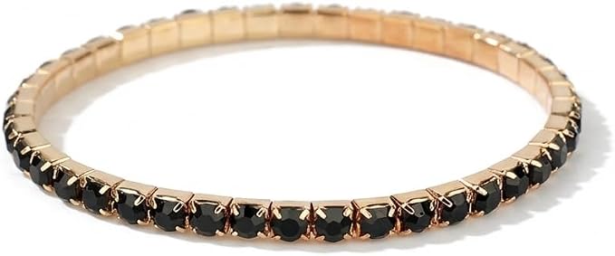 Gold-Tone Rhinestone Tennis Bracelet, Black Sparkly Stones, Slim Fashion Costume Jewellery Bracelet for Parties, Evening Wear &amp; Gifts