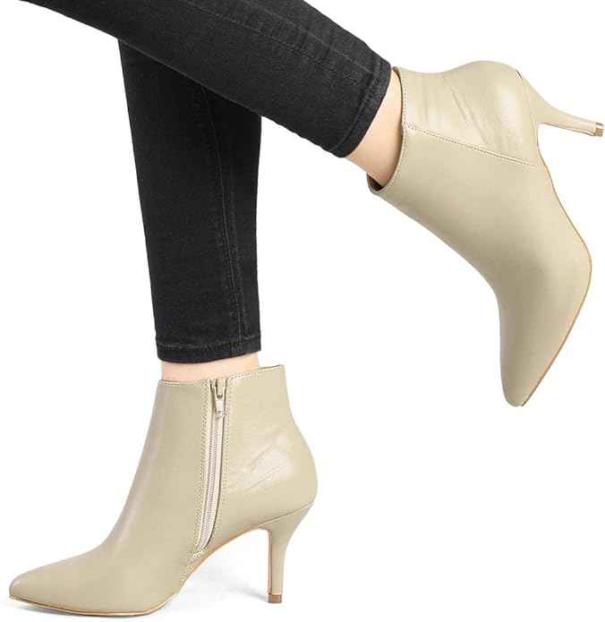 Allegra K Women PU Rubber Pointed Toe Zipper Stiletto Heel Ankle Boots | Classic booties with zip closure. Comfortable 3-inch heel.
