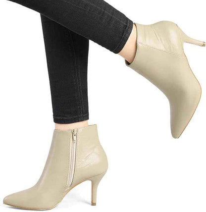 Allegra K Women PU Rubber Pointed Toe Zipper Stiletto Heel Ankle Boots | Classic booties with zip closure. Comfortable 3-inch heel.