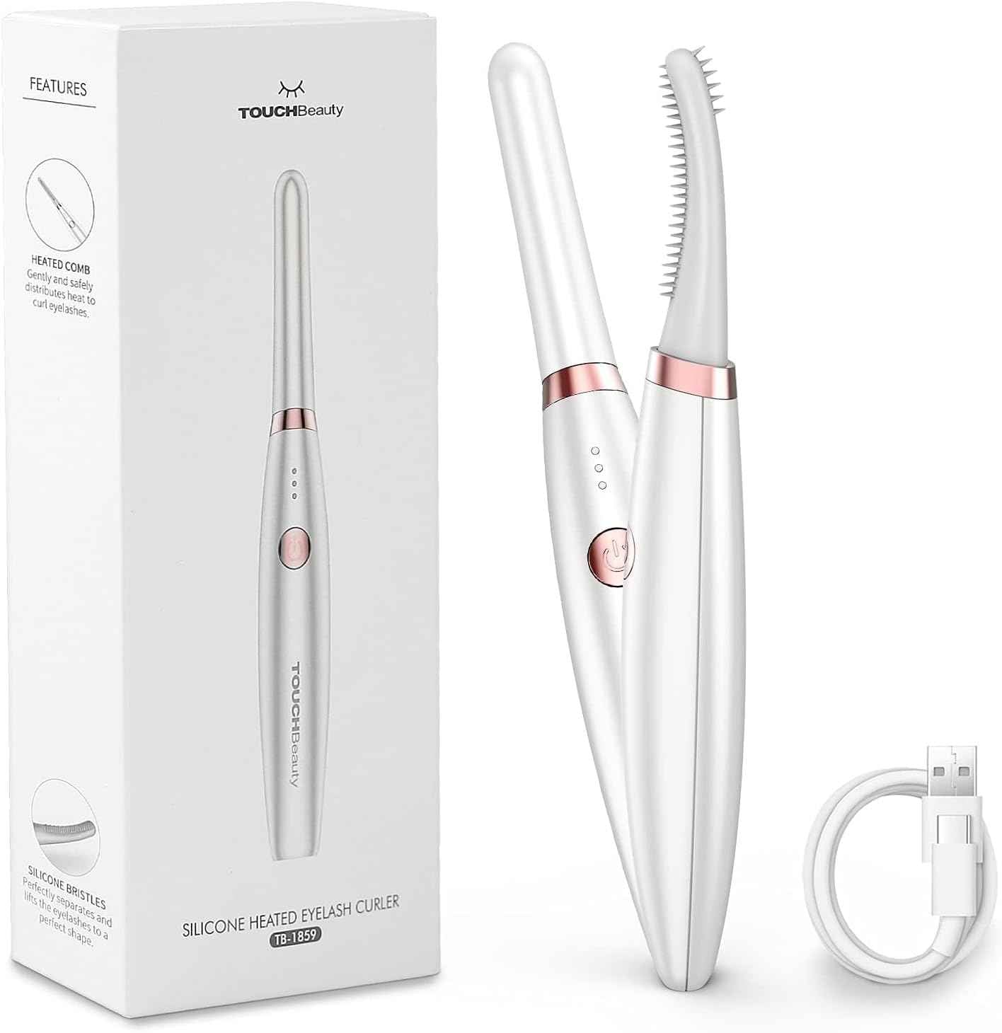 Heated Eyelash Curler, TOUCHBeauty Electric Eyelash Curler USB Rechargeable Eyelash Curler with 3 Temperature Settings Silicone Comb Lash Curler for Girls Women Quick Heating Curling1859
