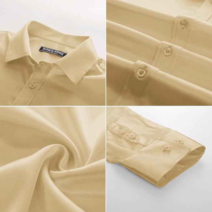 PJ PAUL JONES Mens Shirts Long Sleeve Smart Casual Shirt Satin Shirt Dress Shirt Silk Shirts for Men L Gold | Matching Bow Tie | Imitation Silk | Shine | Dinner and Party