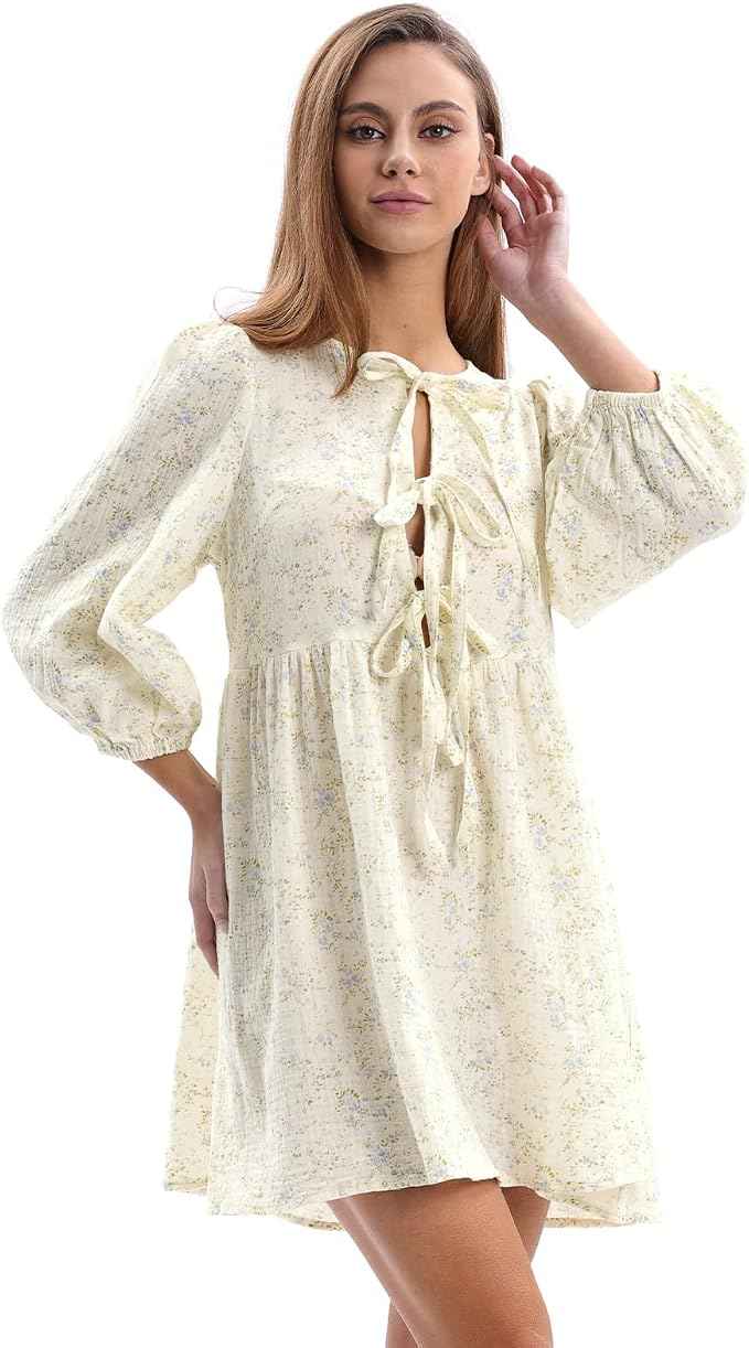 Womens Cotton Gauze Floral Tie Front Crew Neck 3/4 Sleeve Mini Dress Blue Floral M