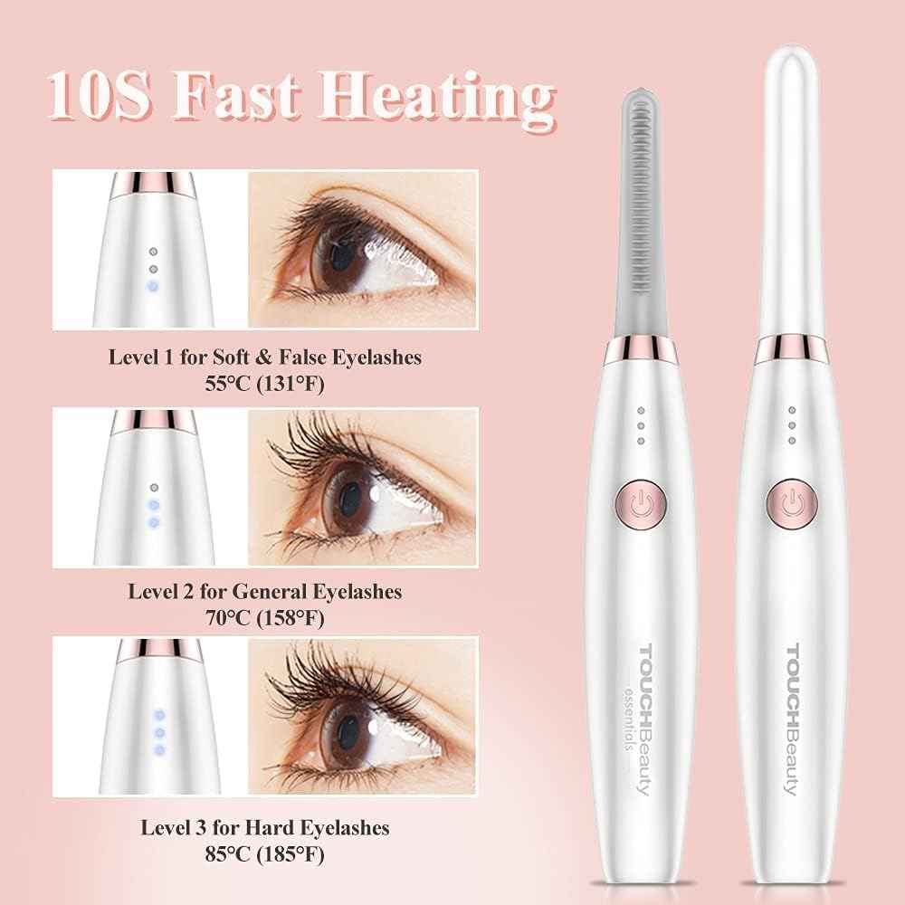 Heated Eyelash Curler, TOUCHBeauty Electric Eyelash Curler USB Rechargeable Eyelash Curler with 3 Temperature Settings Silicone Comb Lash Curler for Girls Women Quick Heating Curling1859