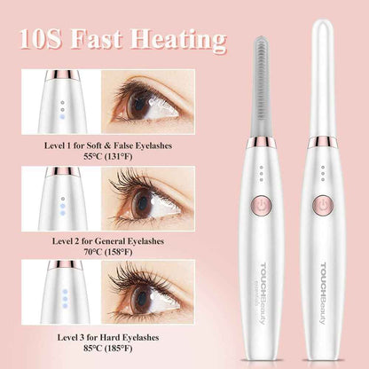 Heated Eyelash Curler, TOUCHBeauty Electric Eyelash Curler USB Rechargeable Eyelash Curler with 3 Temperature Settings Silicone Comb Lash Curler for Girls Women Quick Heating Curling1859