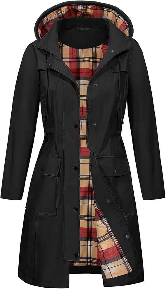 Tuopuda Womens Waterproof Jacket Long Raincoat with Hood for Hiking Travel | Mid-Length Coverage, Removable Hood, Adjustable Waist Drawcords, Zipper, Flap Pockets for Rainy Walks Daily Commutes Outdoor
