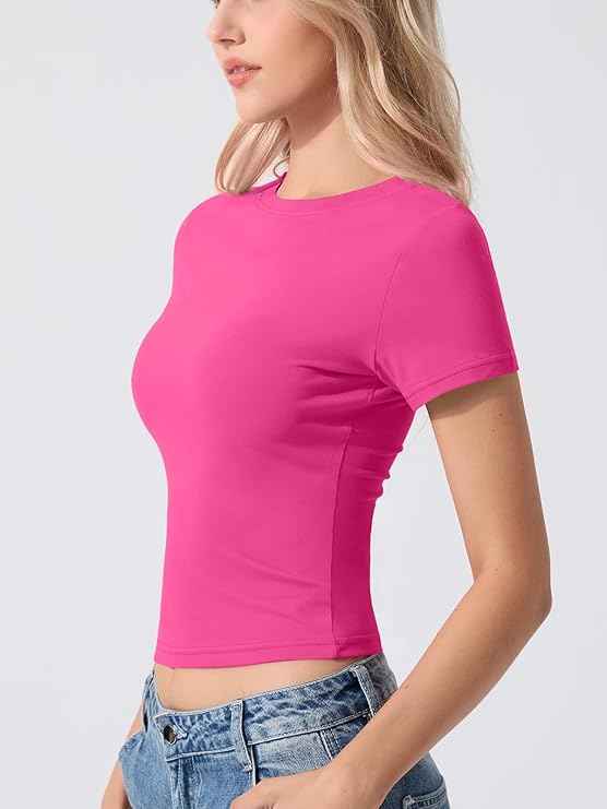 Womens Basic T Shirts Short Sleeve Slim Fit Tops Summer Crew Neck Soft Stretchy Tee Casual
