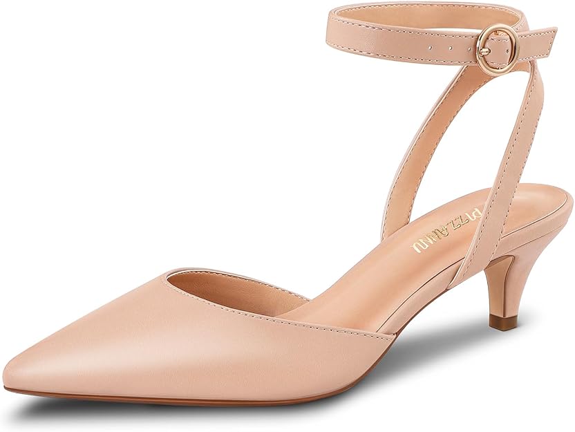 PIZZ ANNU Kitten Heel Shoes for Women Low Heel Pointed Toe Court Shoes for Women Ankle Strap Stiletto Heels