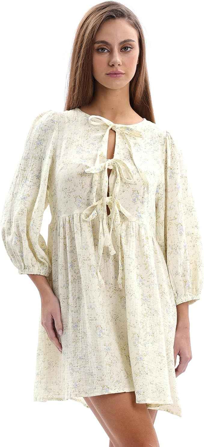 Womens Cotton Gauze Floral Tie Front Crew Neck 3/4 Sleeve Mini Dress Blue Floral M