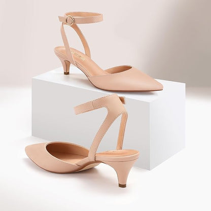 PIZZ ANNU Kitten Heel Shoes for Women Low Heel Pointed Toe Court Shoes for Women Ankle Strap Stiletto Heels