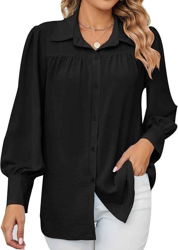 MINTLIMIT Womens Long Sleeve Button Down Shirt V Neck Work Office Business Blouses Casual Blouse Tops