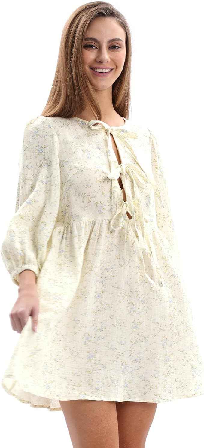 Womens Cotton Gauze Floral Tie Front Crew Neck 3/4 Sleeve Mini Dress Blue Floral M