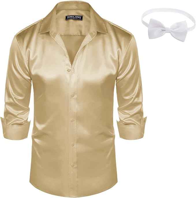 PJ PAUL JONES Mens Shirts Long Sleeve Smart Casual Shirt Satin Shirt Dress Shirt Silk Shirts for Men L Gold | Matching Bow Tie | Imitation Silk | Shine | Dinner and Party