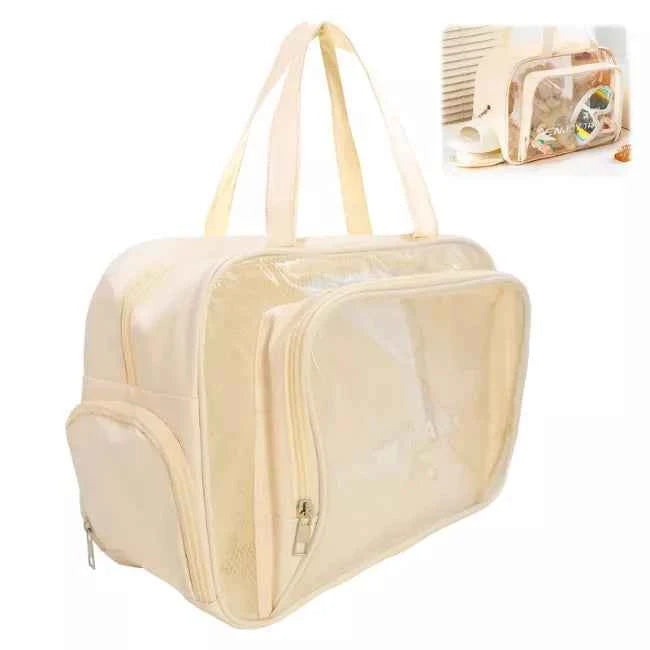Large Clear Toiletry Bag with Shoe Compartment, Multi-Functional PVC Travel Tote, Durable and Versatile Organizer for Travel, Gym, Pool, and More, Beige, Fashionable