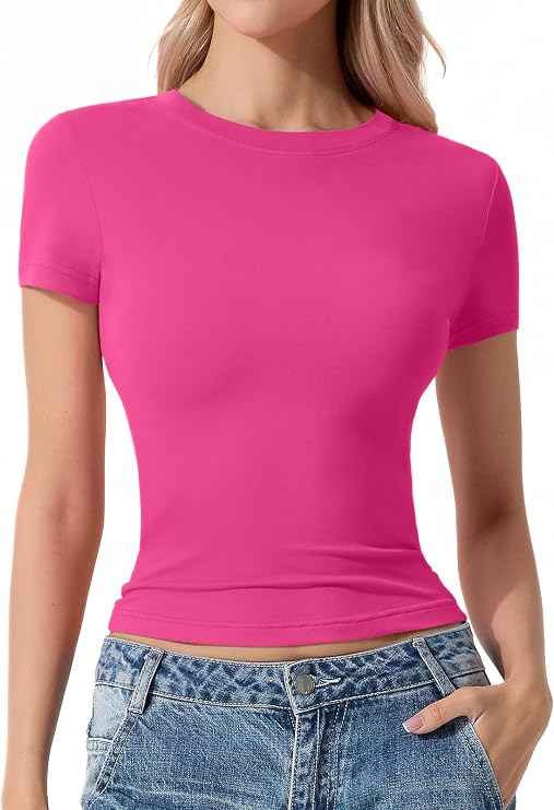 Womens Basic T Shirts Short Sleeve Slim Fit Tops Summer Crew Neck Soft Stretchy Tee Casual