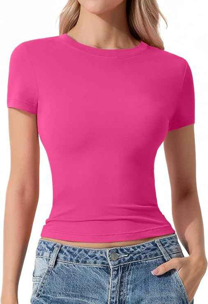 Womens Basic T Shirts Short Sleeve Slim Fit Tops Summer Crew Neck Soft Stretchy Tee Casual