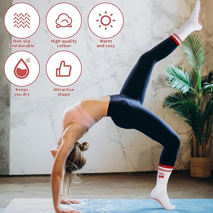 2 Pairs Non Slip Yoga Grip Womens Pilates Socks for Women Cute Anti Slipper Grippy Ladies Socks for for Home Gym Barre Sport Fitness Dance Ballet